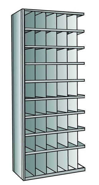 Metal bin shelving 9 shelves, 54 bins adder units